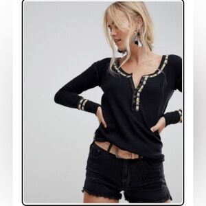 NWOT Free People Black Rainbow Henley Thermal Top.